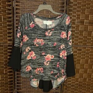 French Laundry Black and Pink Floral Striped Blouse